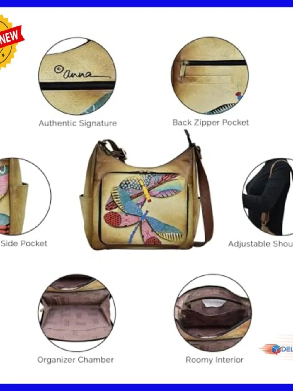Genuine Leather Hobo Bag with Multi Compartments Adjustable Strap